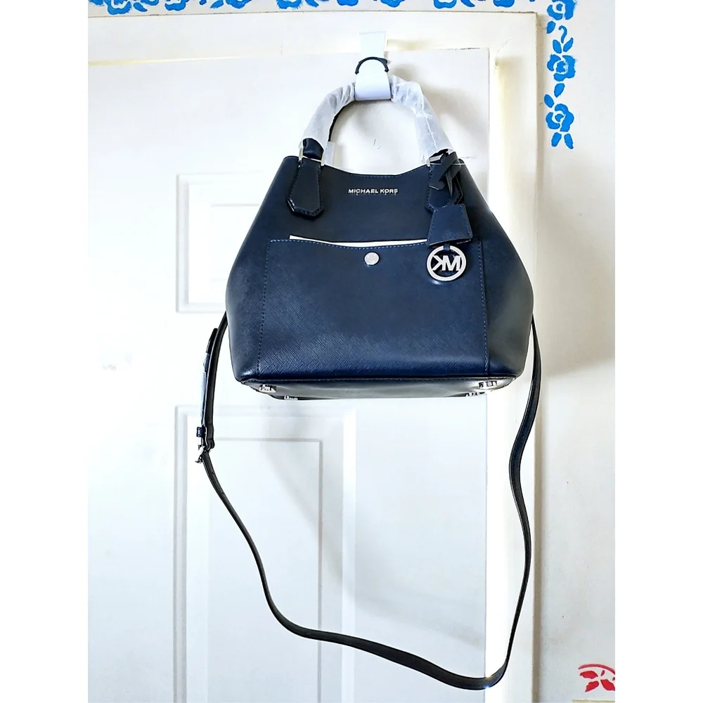 New! MICHAEL KORS Leather Greenwich Large Grab Bag Handbag Crossbody Navy Blue